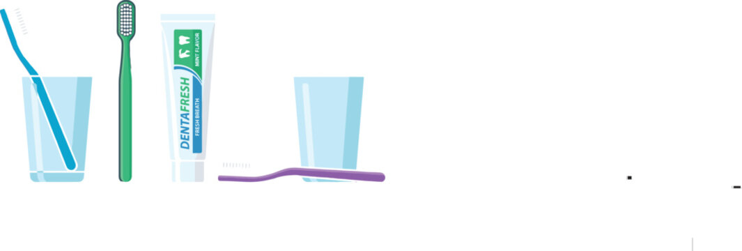 Minimalist Dental Care Icon Set featuring Colorful Toothbrushes, Rinse Cups, and Toothpaste Tube for Daily Oral Hygiene Routine Vector Graphic Designs