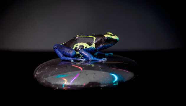 Stunning Macro Photograph of a Colorful Poison Dart Frog on a Reflective Surface