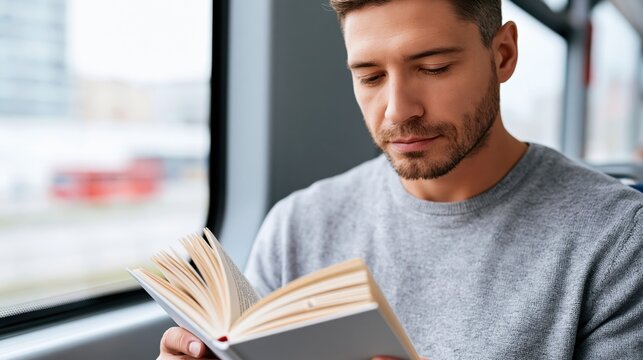 Young man engrossed in a paperback book while traveling in a train
