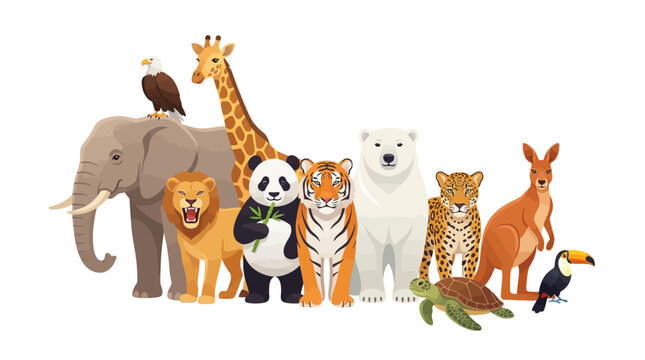 Wildlife icons, animal set, zoo creatures, colorful illustrations isolated on White Background flat vector eps silhouette