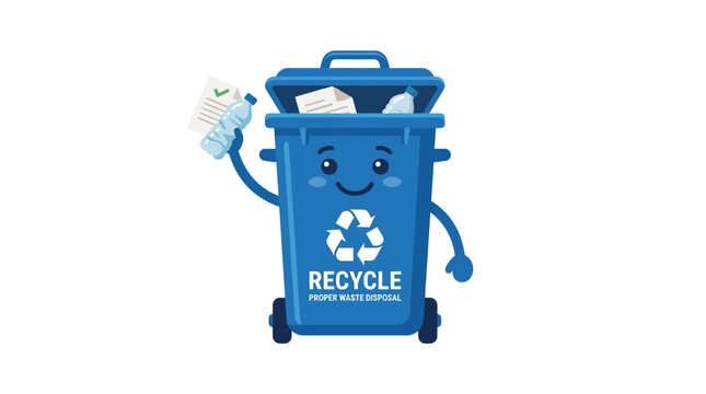 Recycling bin character, blue cartoon trash can, eco friendly symbol, recycle logo isolated on White Background flat vector eps silhouette