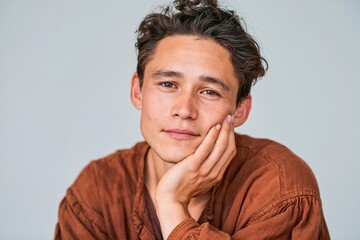 Fototapeta premium Intimate young man portrait with resting hand and soft gray background for lifestyle banner and headshot backdrop