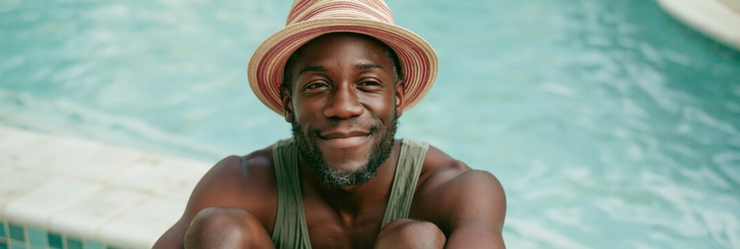 Smiling young man portrait at a turquoise pool wearing a straw hat in summer for lifestyle background and banner design