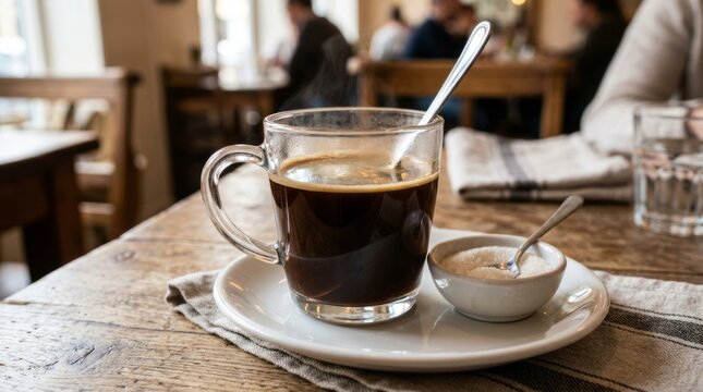 Hot freshly brewed espresso served in a cozy cafe setting with spoon.
