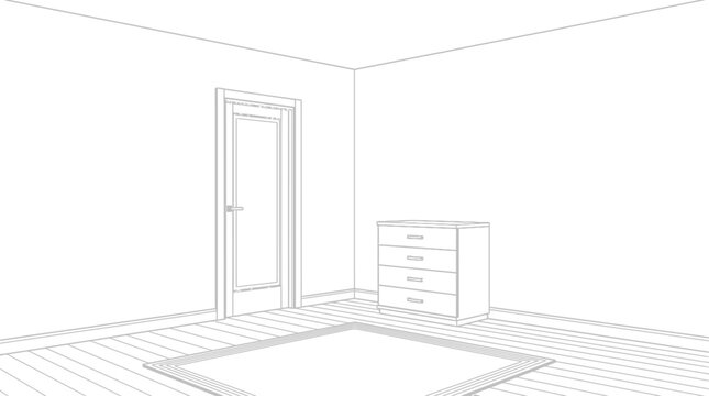 Room interior features minimalist line art of a wooden cabinet and closed door set against empty white walls and flooring.