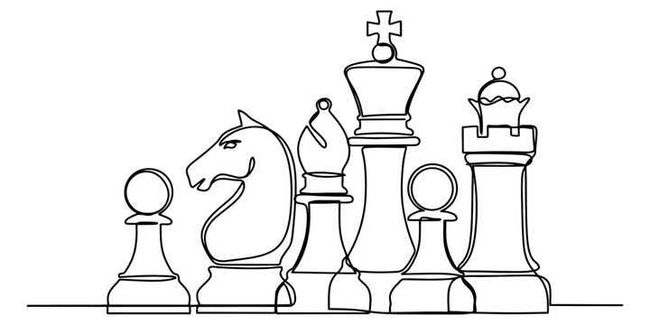 Continuous single line drawing of chess pieces including king queen knight bishop and pawns arranged together in a simple minimalist black and white style Vector, illustration