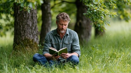 Obraz premium Man reading a book outdoors in a peaceful forest setting surrounded by trees