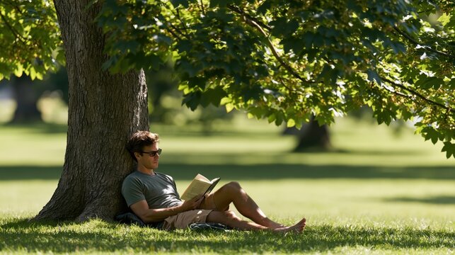 A man enjoys a peaceful reading session under a tree in a sunny park