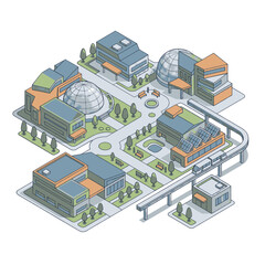 Fototapeta premium Isometric view of a futuristic city with modern buildings, solar panels, and a monorail system.