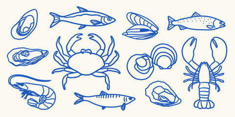Seafood market doodle clipart set. Hand drawn coastal seafood illustrations with lobster, crab, shrimp, oysters, clams, mussels, fish and shellfish. Nautical ocean food vector design. © Huma Fida