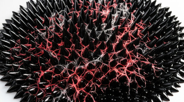 Macro photography of ferrofluid magnetic liquid spiked with red neural networks.