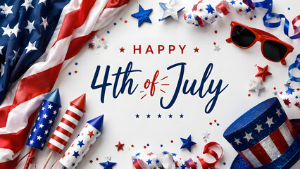 Obraz premium Festive 4th of July background featuring an American flag, fireworks, red sunglasses, and a patriotic top hat, perfect for Independence Day celebrations.