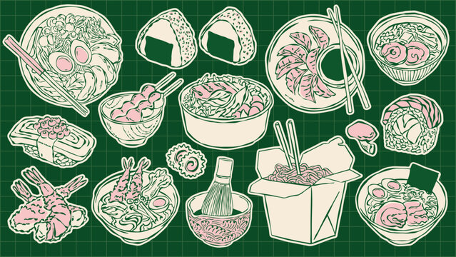 Asian food hand drawn illustration set with ramen, sushi, onigiri, tempura, noodle box and matcha on cream background, green line art