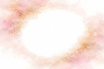 Obraz premium Beautiful pink watercolor vignette border frame with soft paper texture and elegant gold dust on a white background. generated by AI.