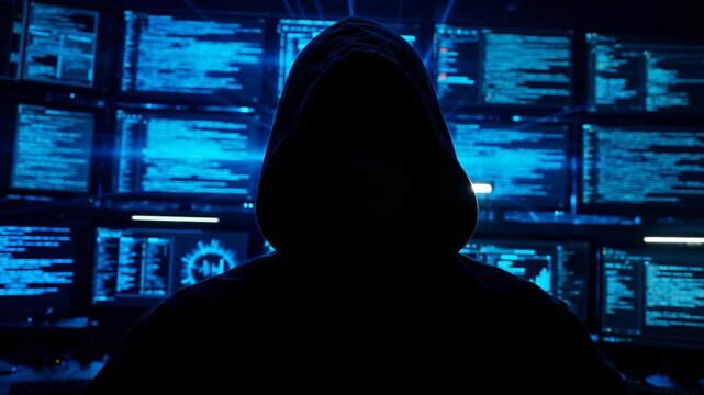 Hacker sits in front of computer screens displaying data in a dark room with blue light