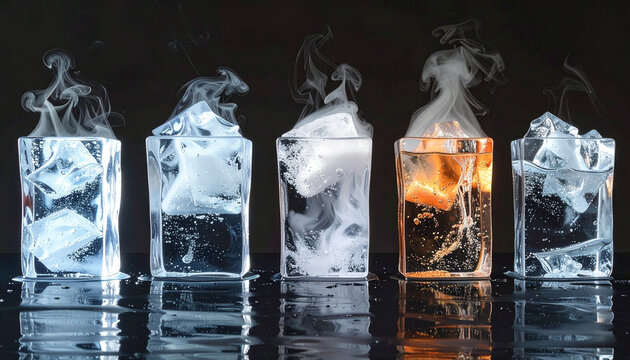 Ice cubes in glasses with smoke
