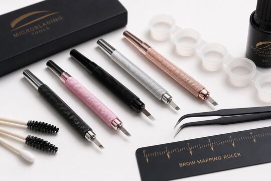 Professional microblading tools with fine needle tips arranged neatly.
