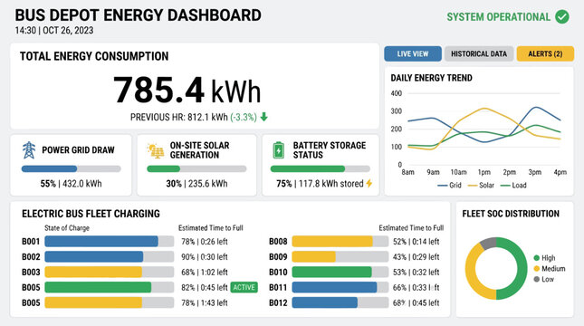 Bus Depot Energy Dashboard: Total Consumption, Fleet Charging, and Solar Generation