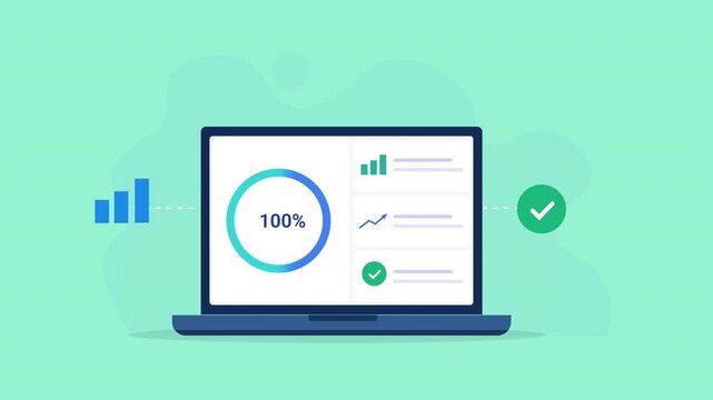 Animated flat vector illustration of a laptop displaying a business analytics dashboard with progress indicator, performance charts, and verification icons. Modern KPI tracking, reporting, and product