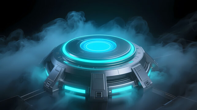 Glowing blue sci-fi device in dark void