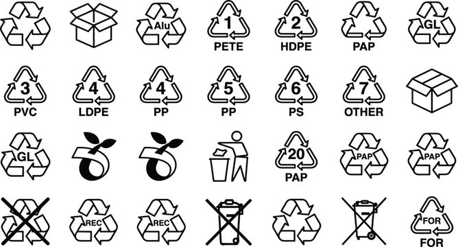 Black Line Art Recycling Icons Set with Plastic Resin Codes Packaging Symbols and Environmental Logistics Waste Management Graphic Designs