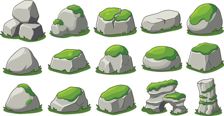 Cartoon Stone and Rock Vector Set with Green Moss Details for Video Game Environment Landscape and Forest Nature Design Elements © Nayem