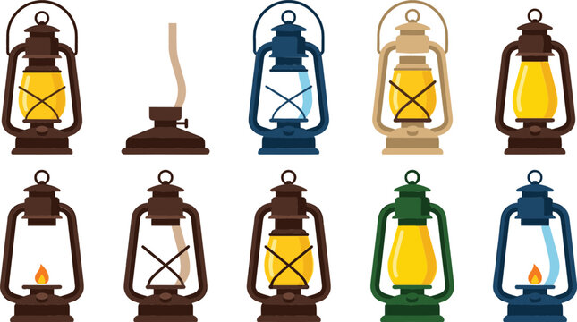 Vintage Kerosene Lamp and Antique Oil Lantern Icon Set with Colorful Flat Vector Elements for Camping Outdoor Adventure and Retro Decor Designs