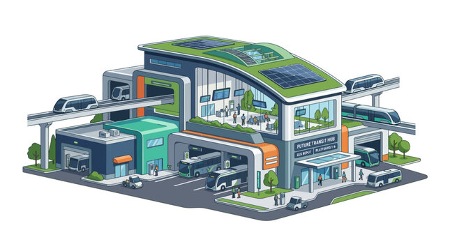 Futuristic Eco-Friendly Transit Hub with Monorail and Electric Buses