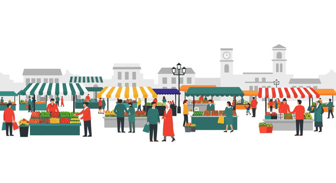 Vibrant Outdoor Farmers Market Scene with People Shopping at Stalls