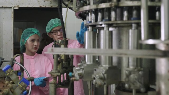 Professional Asian maintenance engineer and technician in food and beverage drink factory in uniform with tablet while talking and discussing machine operation in production line at industry facility.
