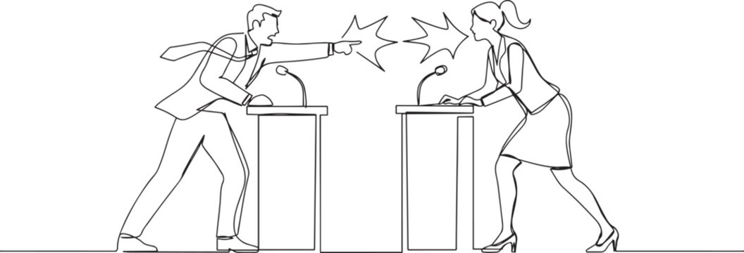 Continuous one line drawing businessman and businesswoman arguing on the podium. Throwing arguments at each other, not wanting to give in. Feel most right