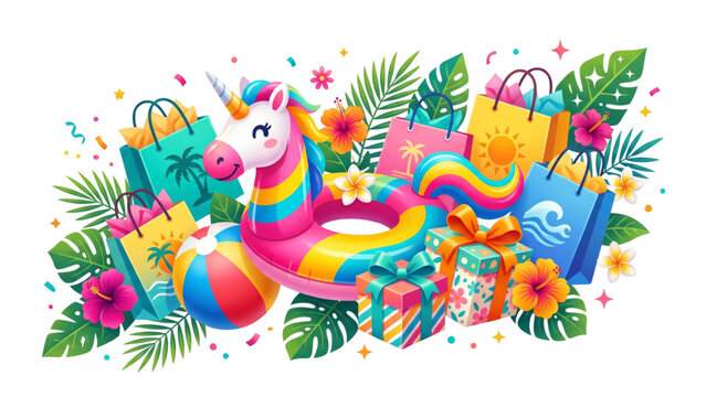 Colorful summer sale shopping concept with unicorn pool float, gifts, shopping bags, and tropical flowers on black background