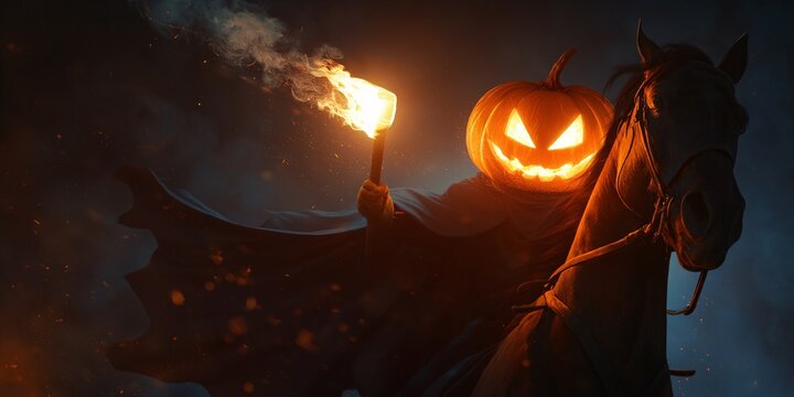 Enigmatic rider with a pumpkin for a head galloping through a shadowy landscape perfect for halloween