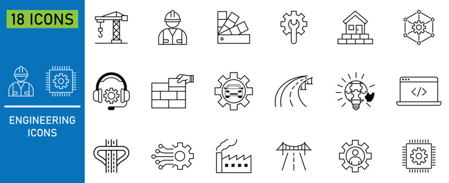 Collection of engineering icon set. Containing repair, construction, mechanical, industrial, worker, architect,  manufacturing and more. Software engineering projects. Vector illustration. 