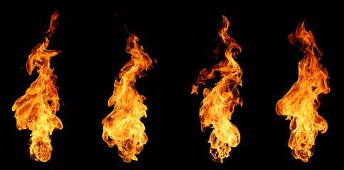 Realistic fire flames isolated on black background featuring blazing orange and yellow combustion, dynamic flame shapes and intense heat energy. High-quality fire overlay for visual effects, photo © ภัทรชัย รัตนชัยวงค์
