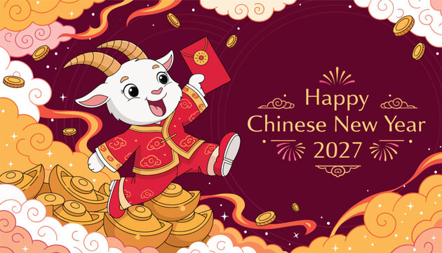 2027 Happy Chinese New Year greeting card banner with cute cartoon goat holding red envelope, gold ingots, and oriental clouds