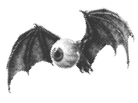 Vintage Halftone Halloween Flying Bat Animal with Retro Spooky Vampire and Creepy Graphic Design.