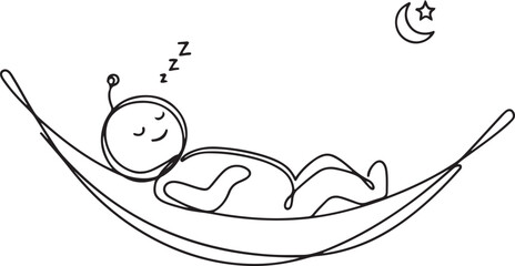 Naklejka premium Single one line drawing happy robot lying and sleeping in hammock. Comfort, vacation, and recreation. Artificial intelligence. Technology industry.one line vector illustration with white background