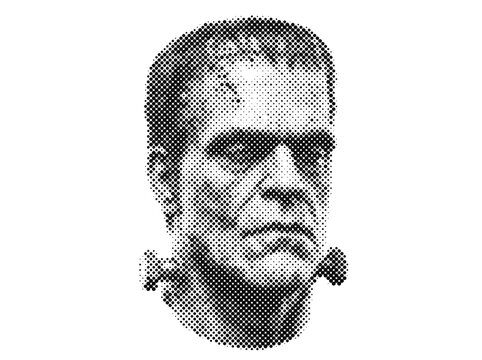 Frankenstein Monster Head Portrait in Halftone Halloween Retro Vintage Spooky Scary Horror Graphic Pattern.