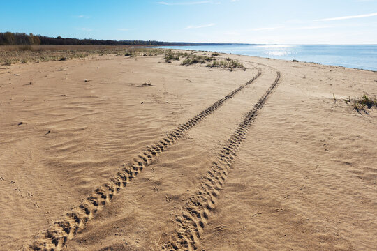 Turning all-terrain vehicle tracks goes across the sandy beach on a sunny day, summer landscape photo background
