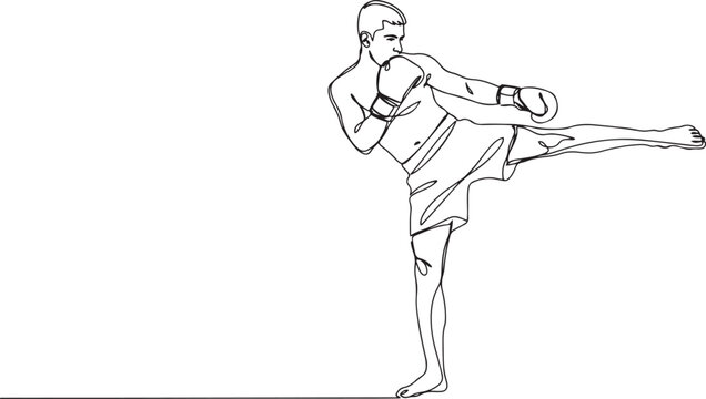 One continuous line drawing of young sporty man kickboxer athlete training powerful kick at gym center.one line vector illustration with white background