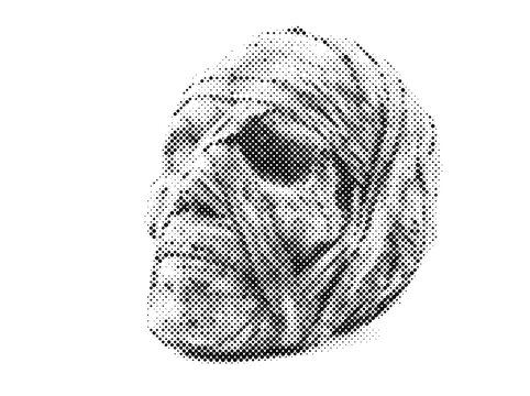 Creepy Mummy Monster Head Portrait in Halftone Halloween Retro Vintage Spooky Scary Horror Graphic Design.