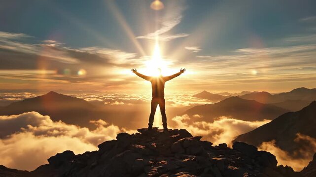 silhouette of person with raised arms standing on mountain peak at sunrise. man celebrating success and freedom against dramatic sky with sun rays. achievement, victory concept, motivation 