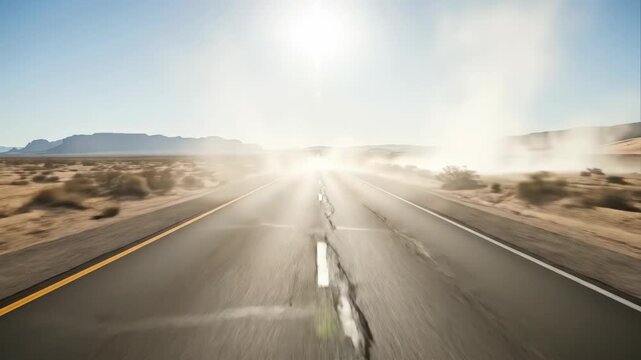Driving on Desert Highway with Dust