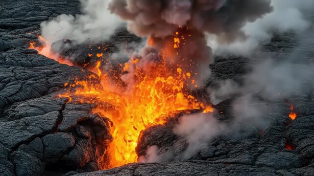 Molten Lava Flowing Through Volcanic Rock with Smoke