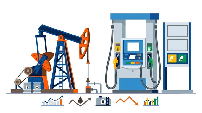 Oil pump jack and fuel gas station with market price charts on white background