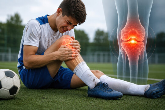 Soccer player suffering acute knee injury with joint anatomy overlay