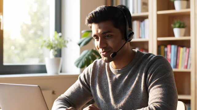 smiling indian man wearing headset talking on video call using laptop. customer support agent or remote worker in sunny home office. online meeting, telecommuting, corporate communication.