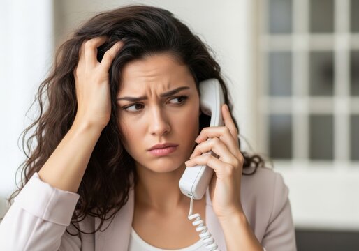 Stressed woman talking on phone with frustrated expression on face