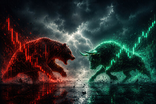 Bull and bear battle symbolizing volatile stock market trends